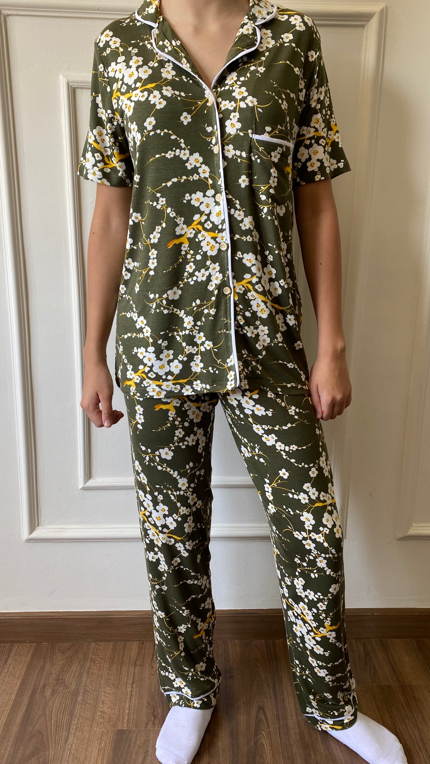Flower Print Pajamas Set In Olive