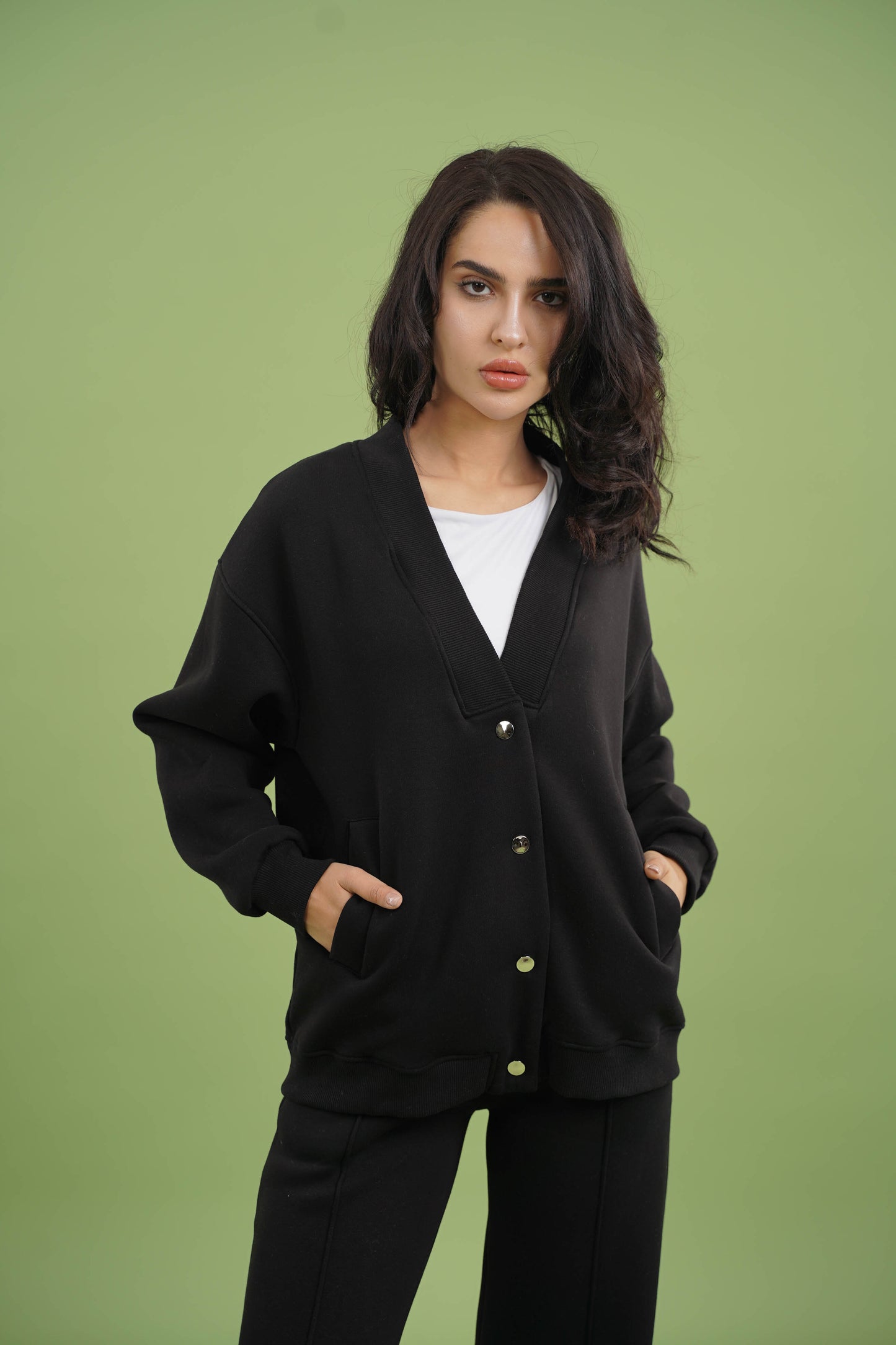 Dropped Shoulder Button Jacket | Black