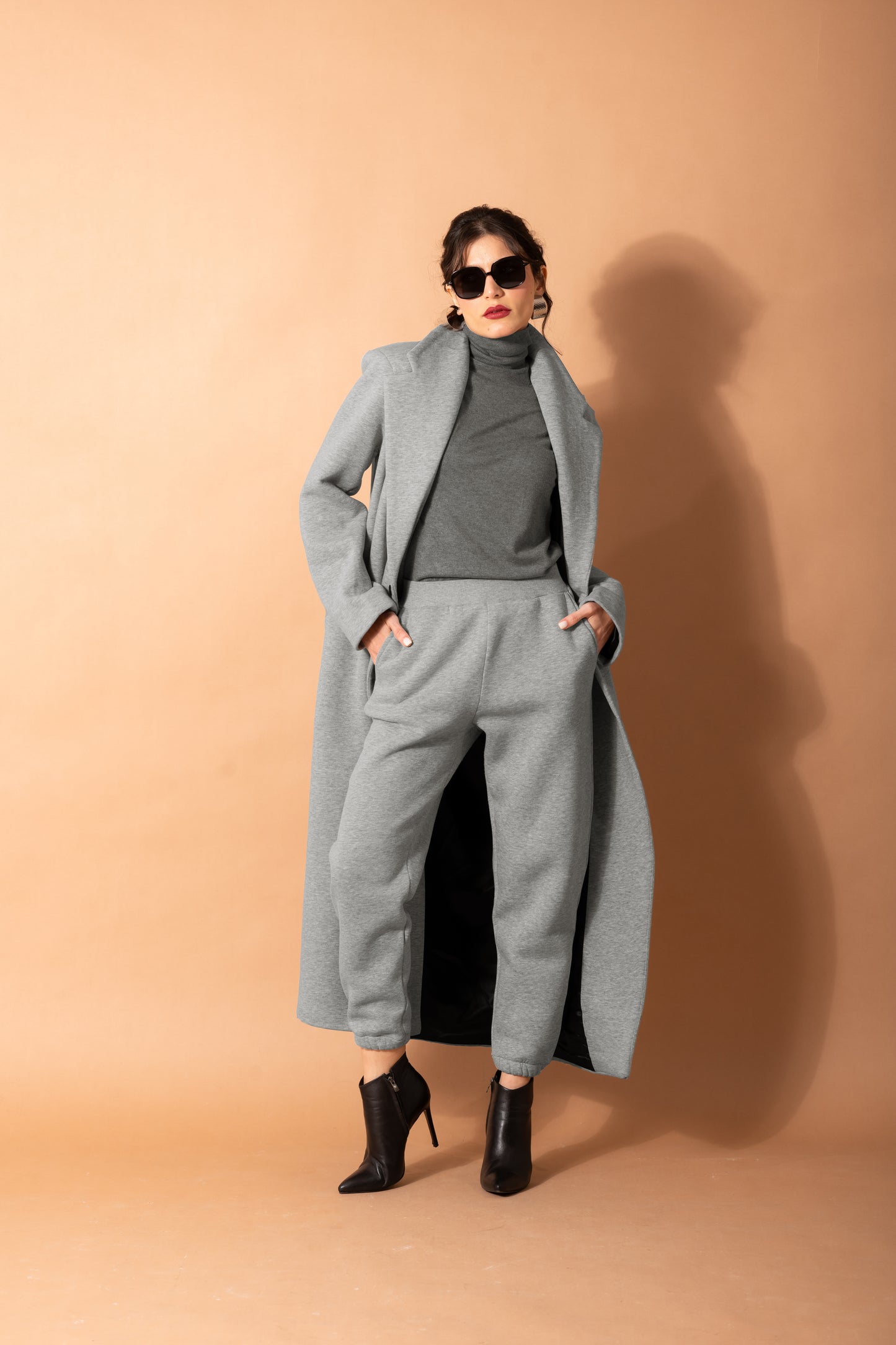 Long Fleece Coat In Gray