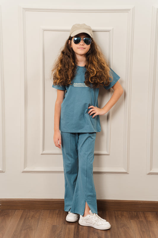 Girls Split Hem Flare Set l Petrol Blue