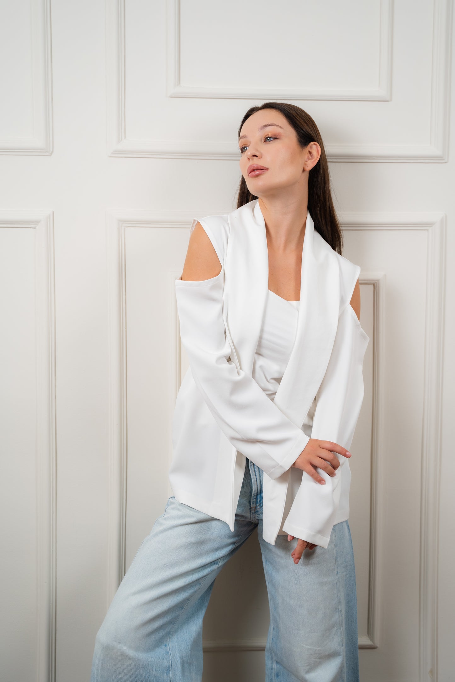 Draped Shoulder Blazer- White