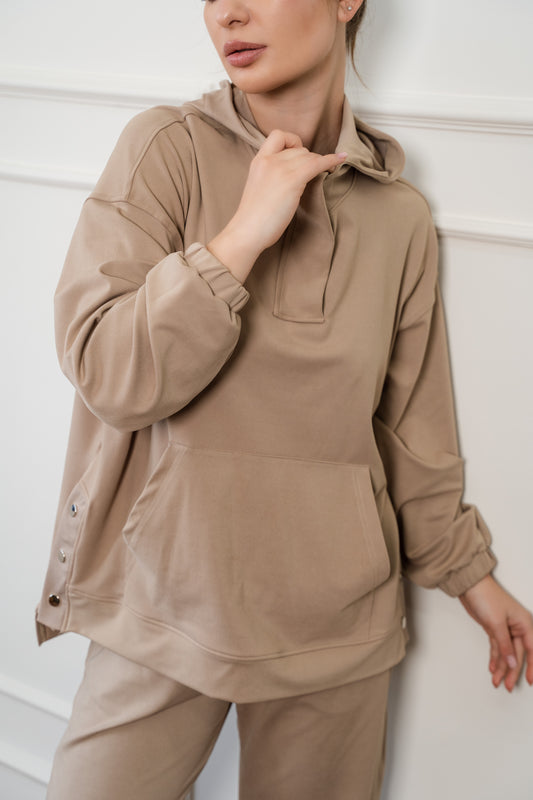 Elastic Buttons Hoodie In Beige