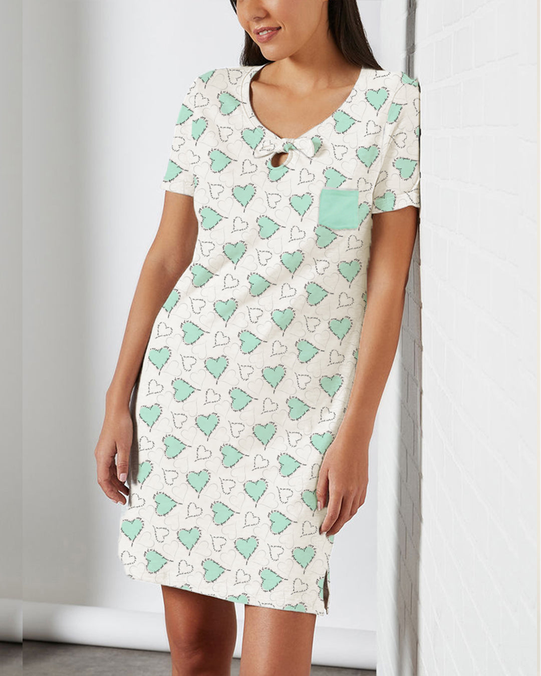 Heart Print Night Shirt -Green