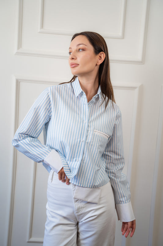 Striped Cropped Shirt In Baby-Blue