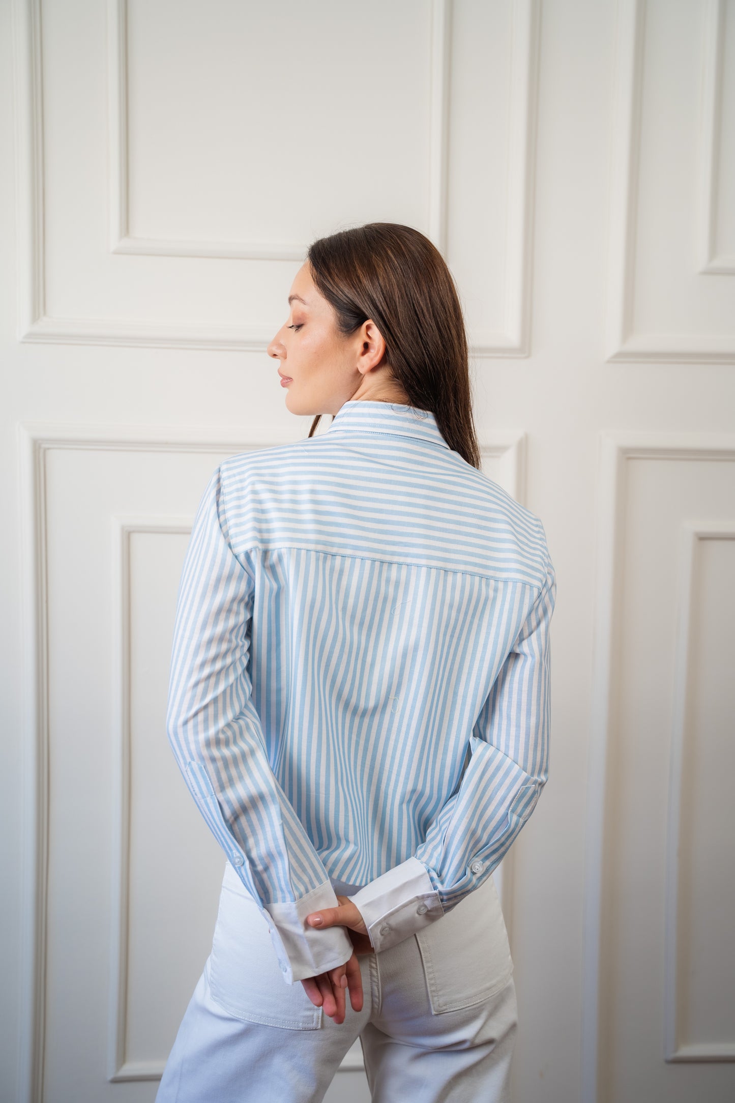 Striped Cropped Shirt In Baby-Blue