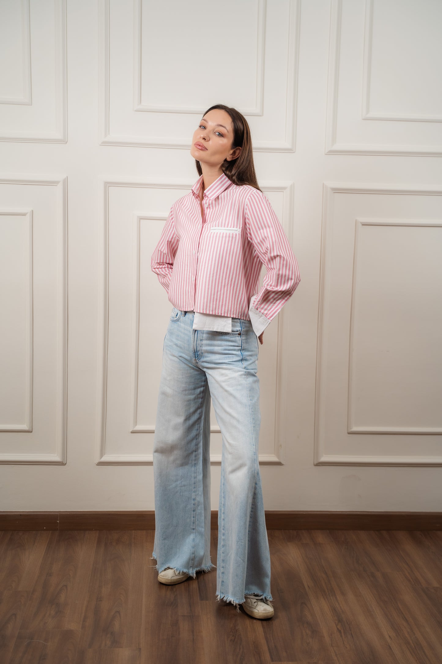 Striped Cropped Shirt In Pink