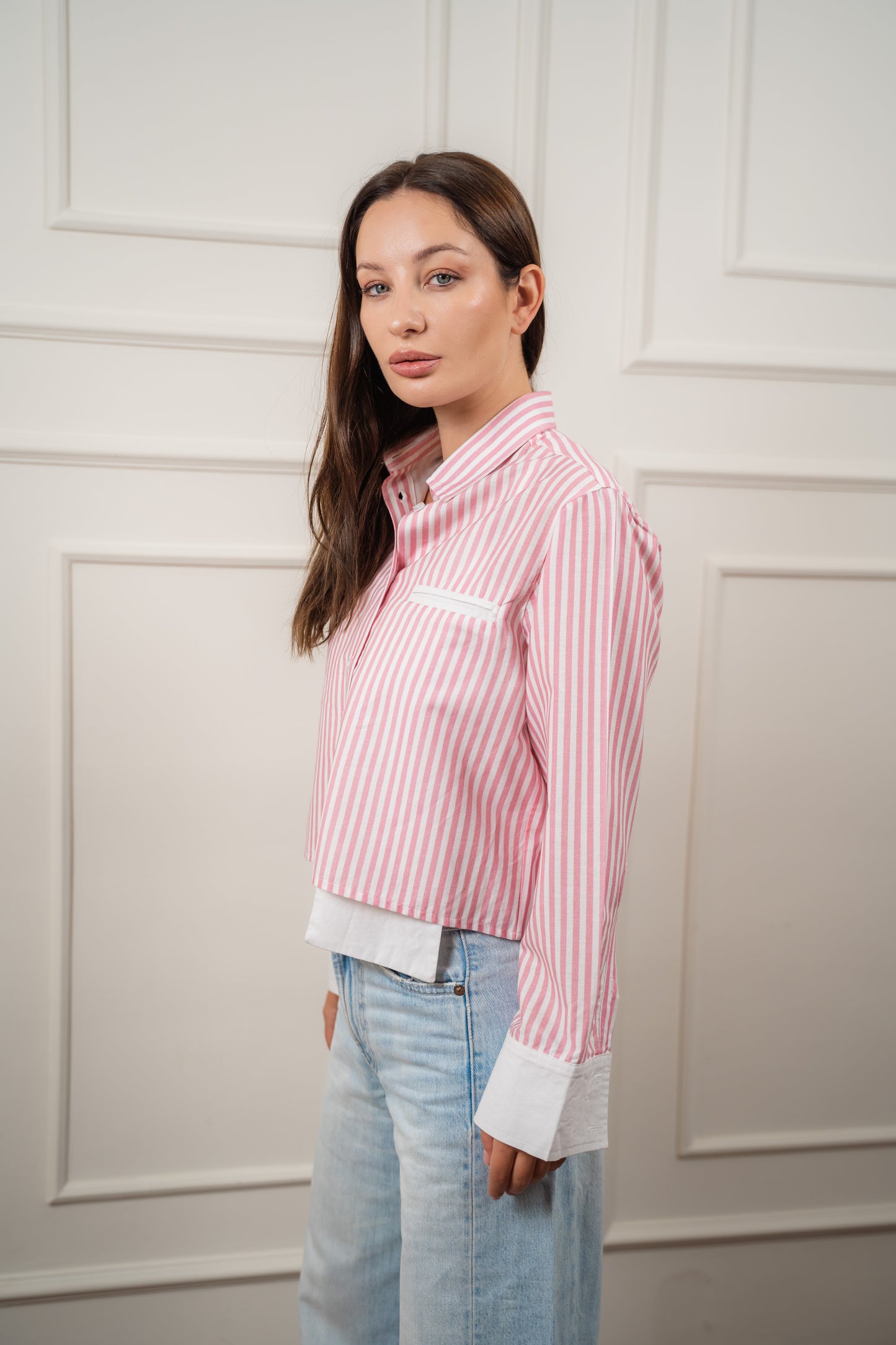 Striped Cropped Shirt In Pink