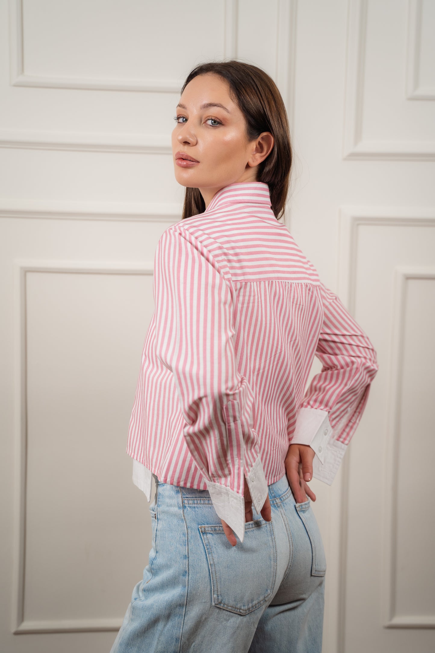 Striped Cropped Shirt In Pink