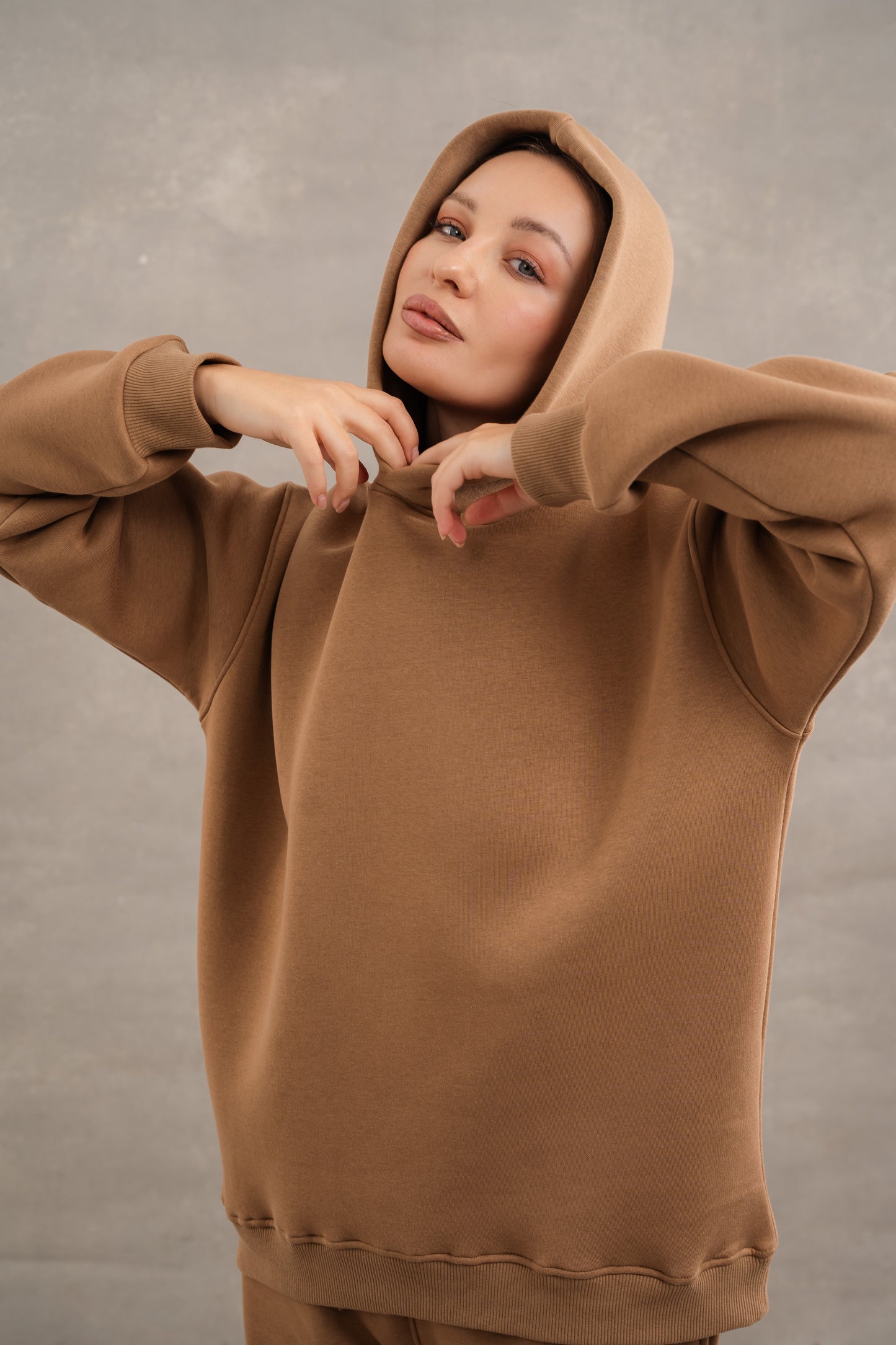 Basic Fleece Hoodie In Light Brown