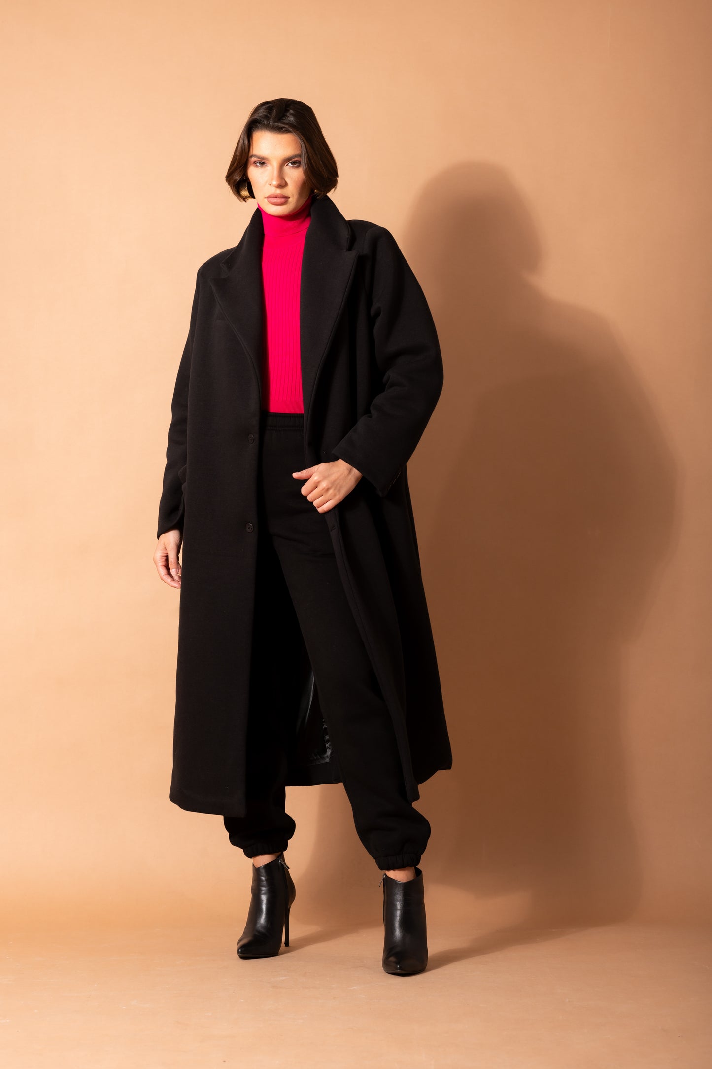 Long Fleece Coat In Black