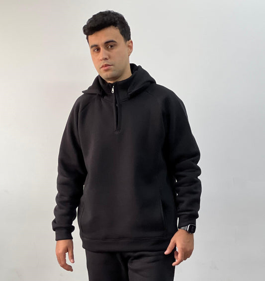 High Neck Zipper Hoodie In Black