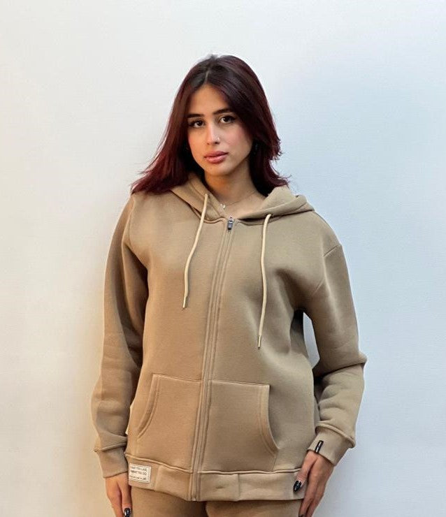 Hooded jacket in fleece | Beige