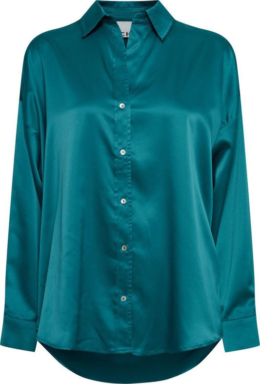 Patched Satin Shirt In Petrol Blue