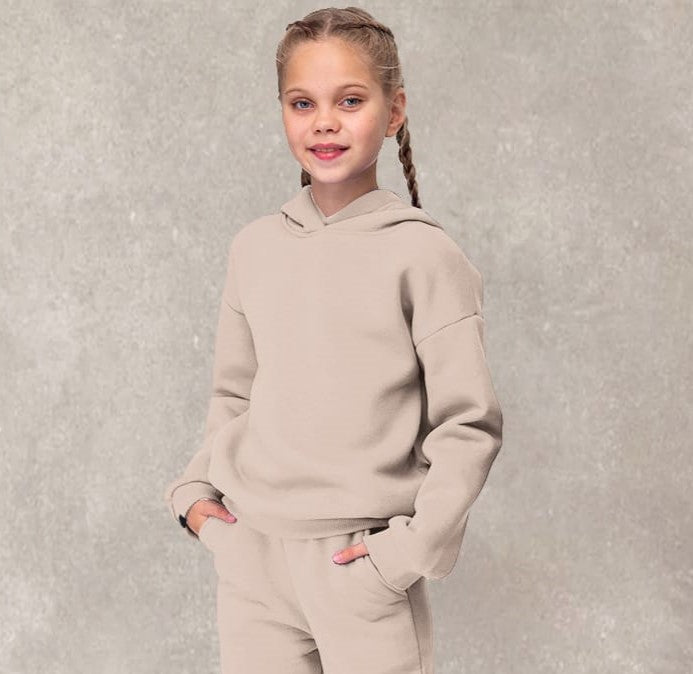 Kids Fleece Basic Hoodie In Beige