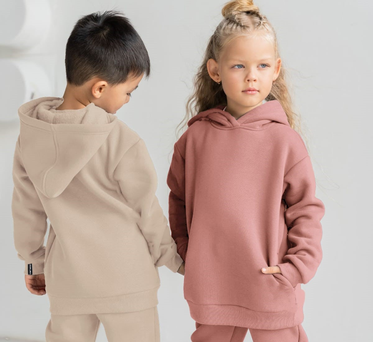 Kids Fleece Basic Hoodie In Beige