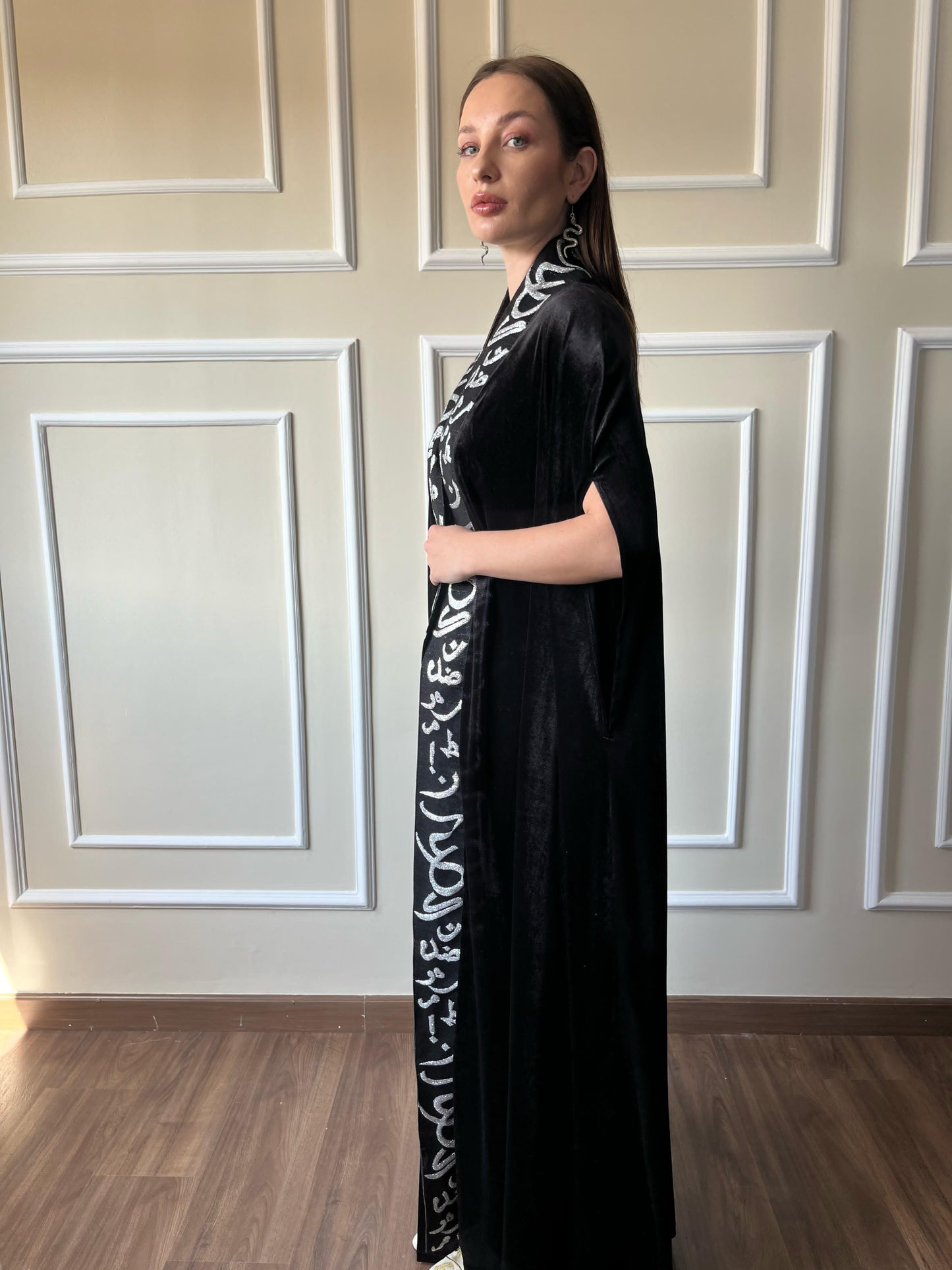 Arabic Calligraphy Velvet Abaya IN Black & Silver