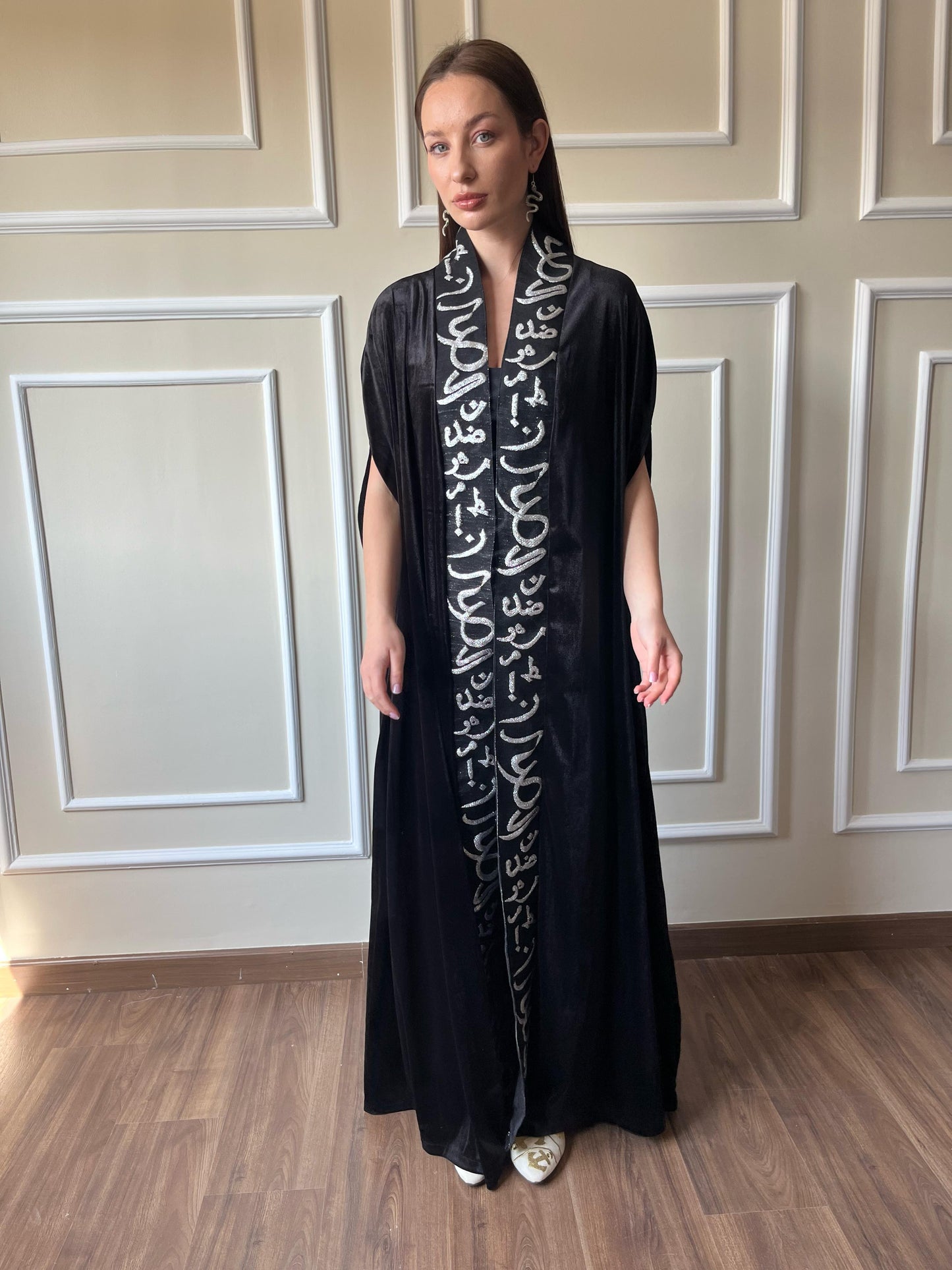 Arabic Calligraphy Velvet Abaya IN Black & Silver