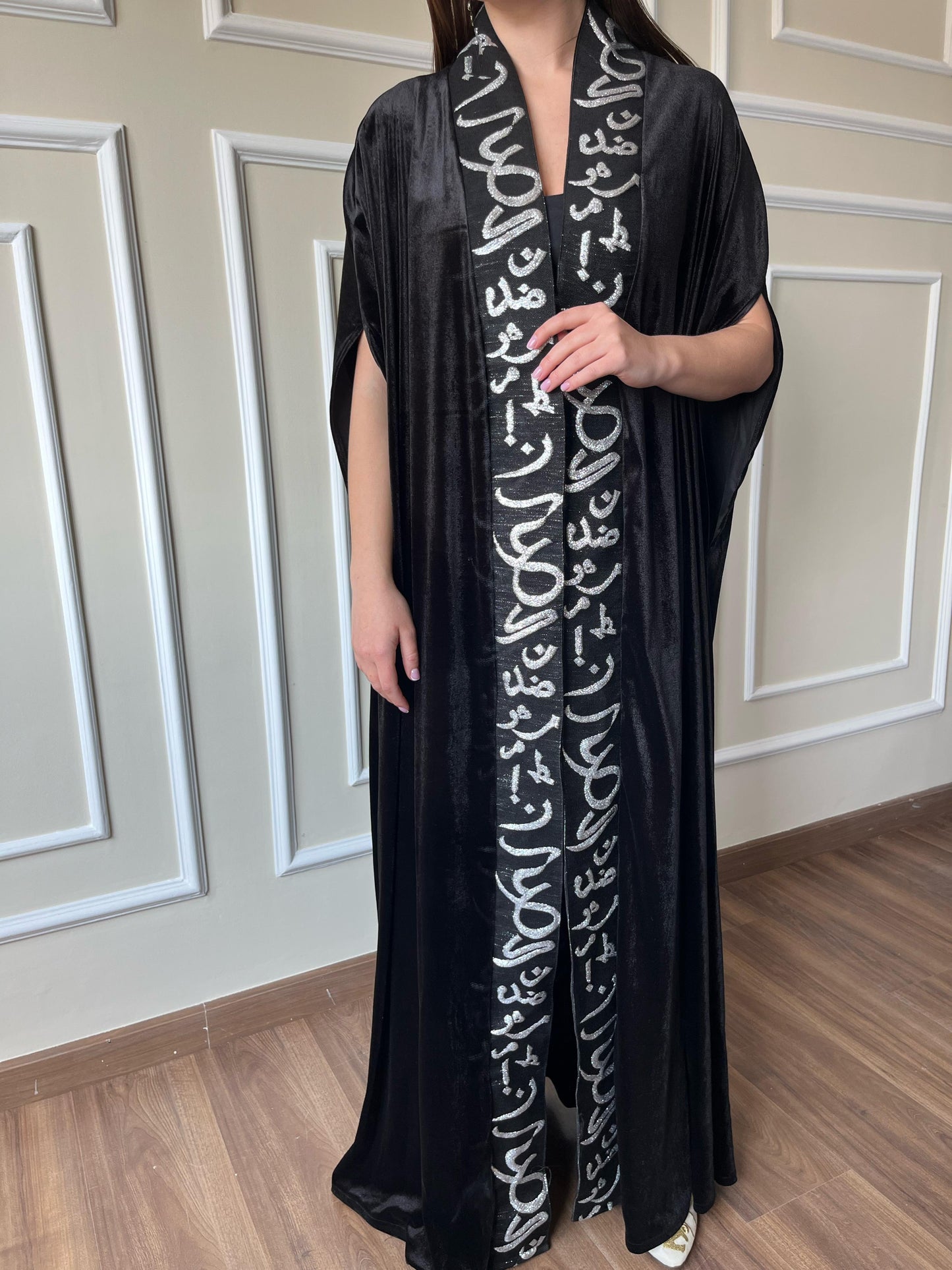 Arabic Calligraphy Velvet Abaya IN Black & Silver