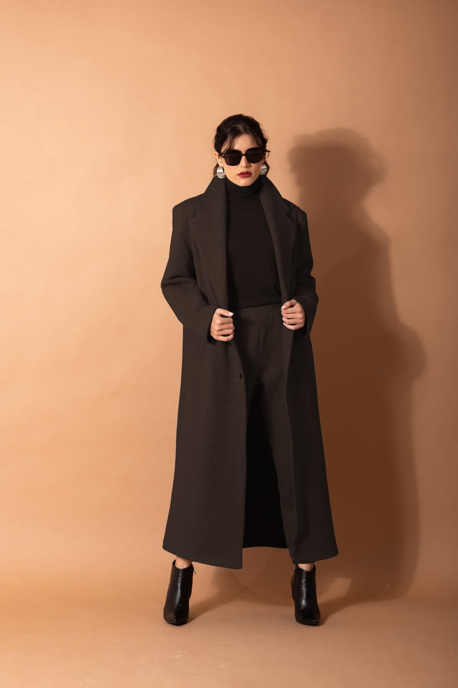 Long Fleece Coat In Dark-Brown