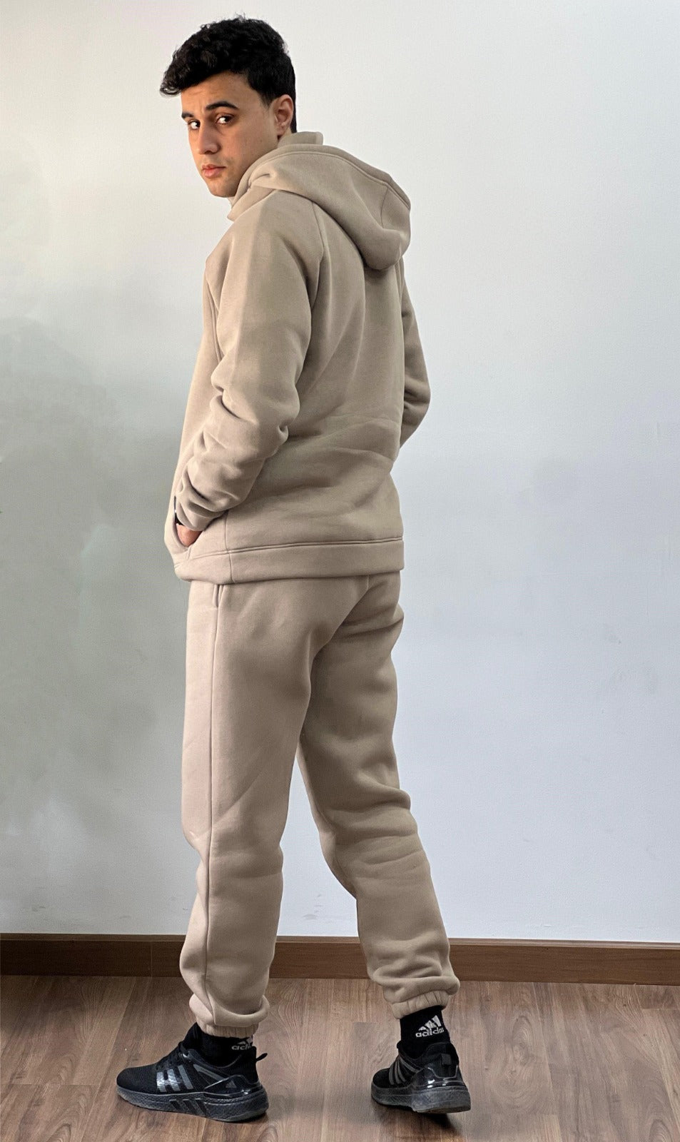 High Neck Zipper Hoodie Set In Beige