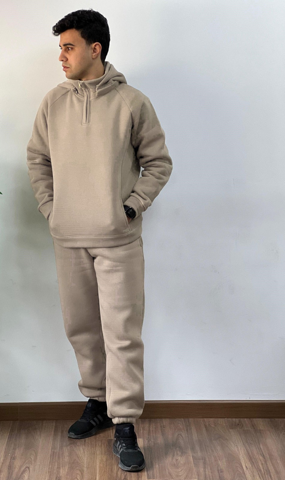 High Neck Zipper Hoodie Set In Beige